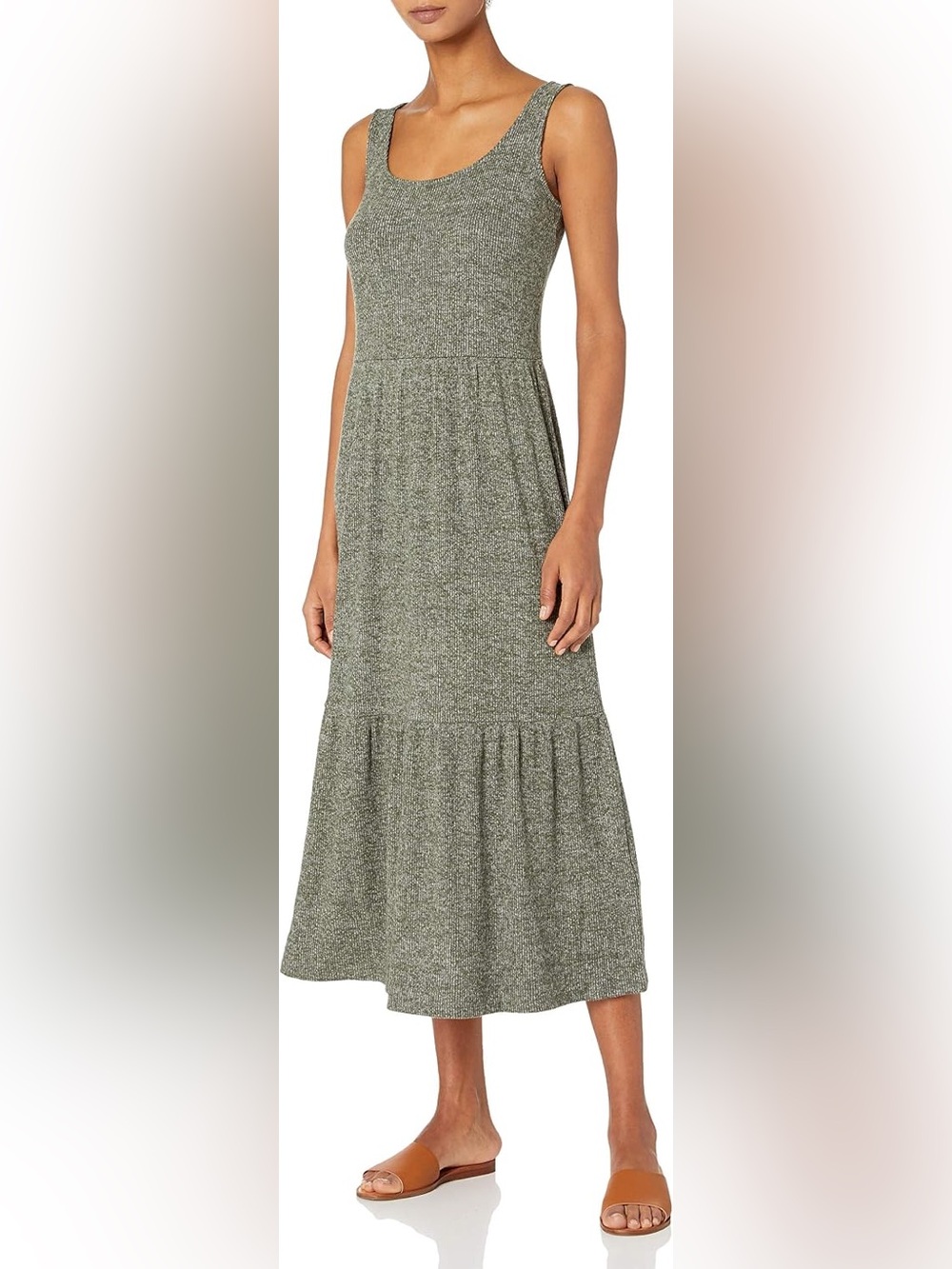 Daily Ritual Knit Rib Sleeveless Tiered Maxi Dress in Marled Green - Size XS